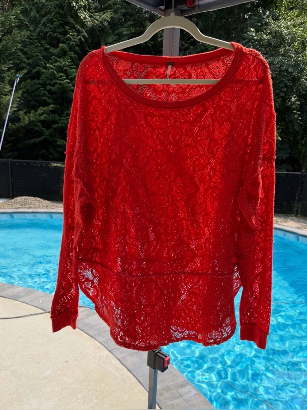 Free People Bright Red Crochet Openwork Sweater